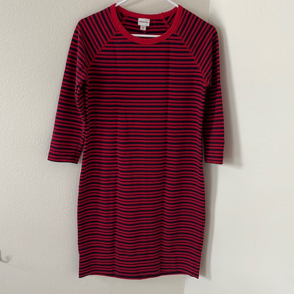 Merona light sweater dress, red and navy blue stripes. Fitted around hips/legs